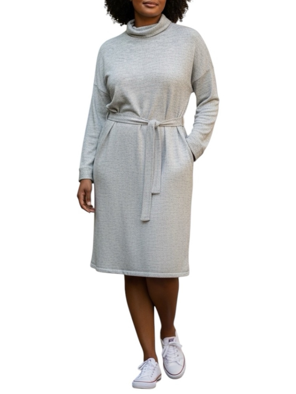 NEW ASOS Curve Gray Speckled Turtleneck Belted Knit Midi Dress